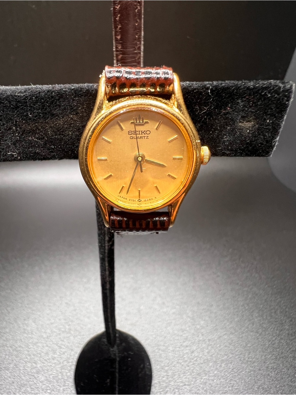 Seiko Gold Dial Watch with Brown Leather Strap